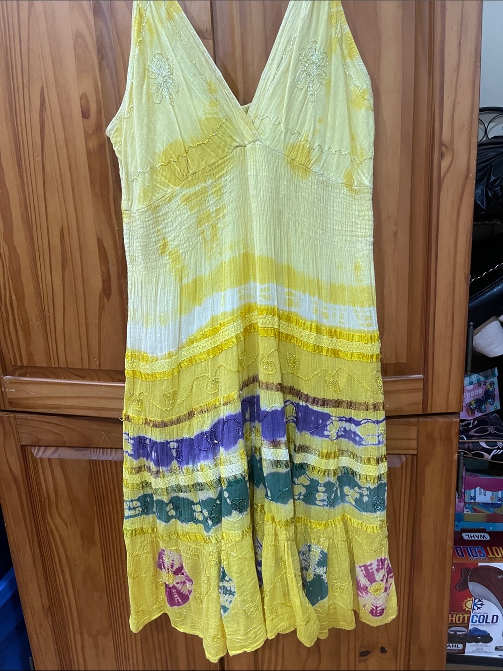 VINTAGE Yellow Multicolor Tie-Dye Boho Maxi Dress